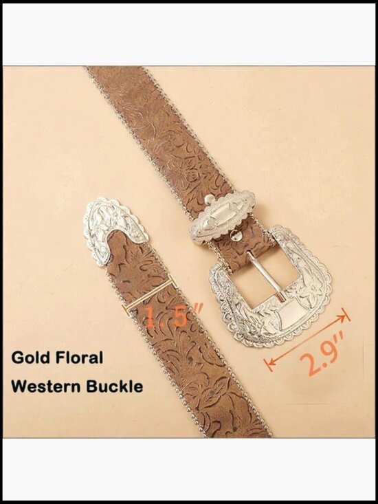 Vintage Western Cowgirl Belt Gold Buckle Floral Faux Leather Waist Accessory main image 6